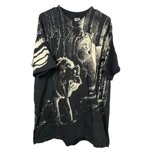 Wolf Wildlife Nature Graphic T-Shirt Black Forest Lodge XXL USA Wraparound VTG